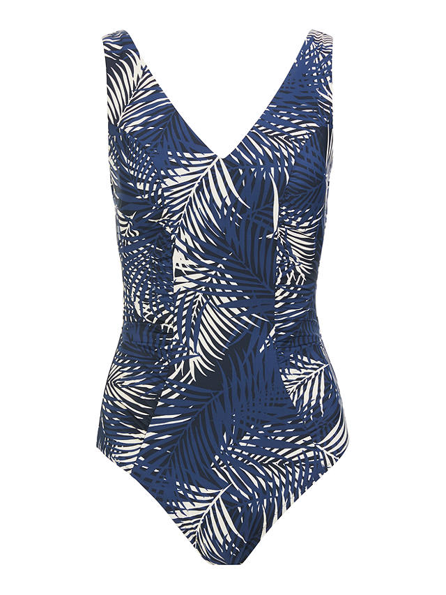 John Lewis & Partners Palm Print Side Ruched Control Swimsuit, Blue at ...