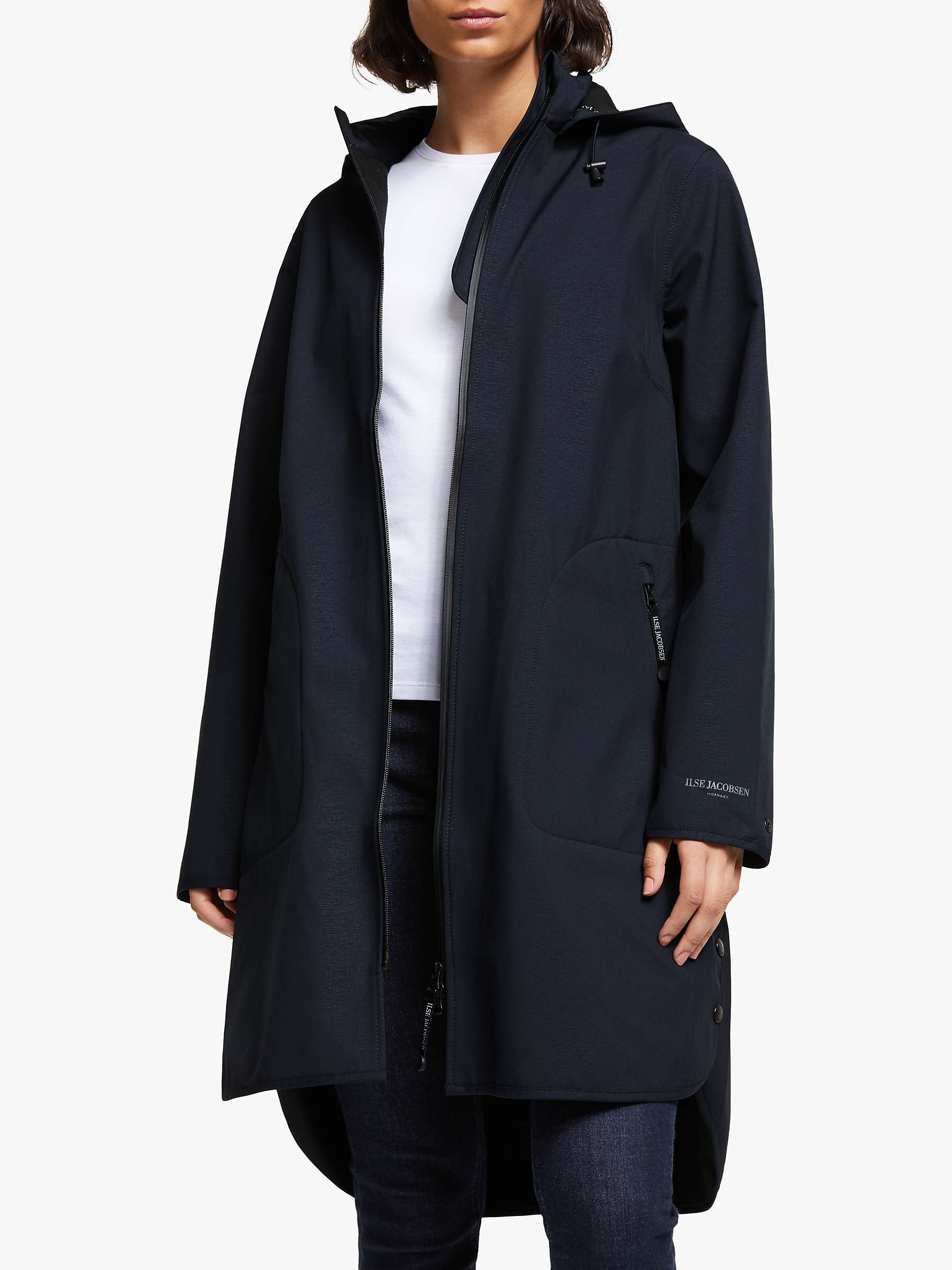 Ilse Jacobsen Hornbæk Length Detachable Hood Raincoat, Dark Indigo at John & Partners
