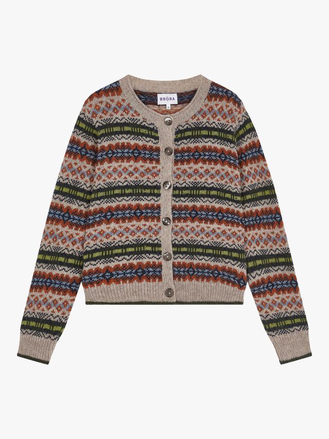 Brora Lambswool Fair Isle Cardigan, Oatmeal, 8