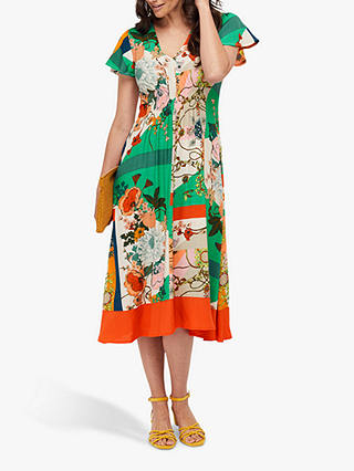 Monsoon Paloma Patchwork and Floral Print Midi Dress, Green/Multi