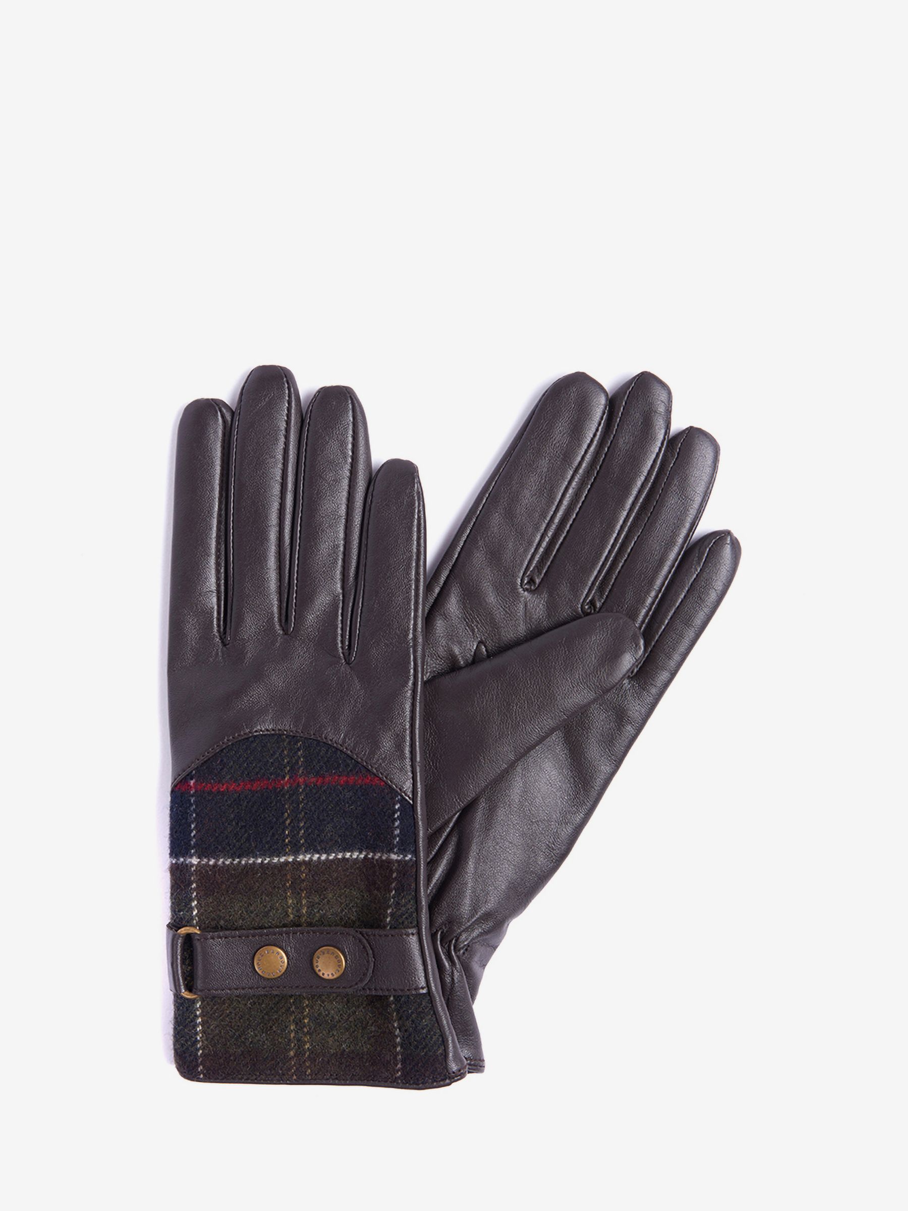 Barbour Dee Tartan Leather Gloves, Dark Brown at John Lewis & Partners