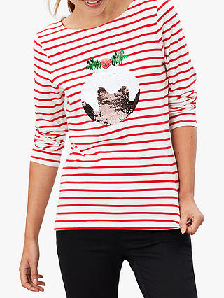 Joules Harbour Christmas Pudding Sequin Jersey Top, Red Stripe