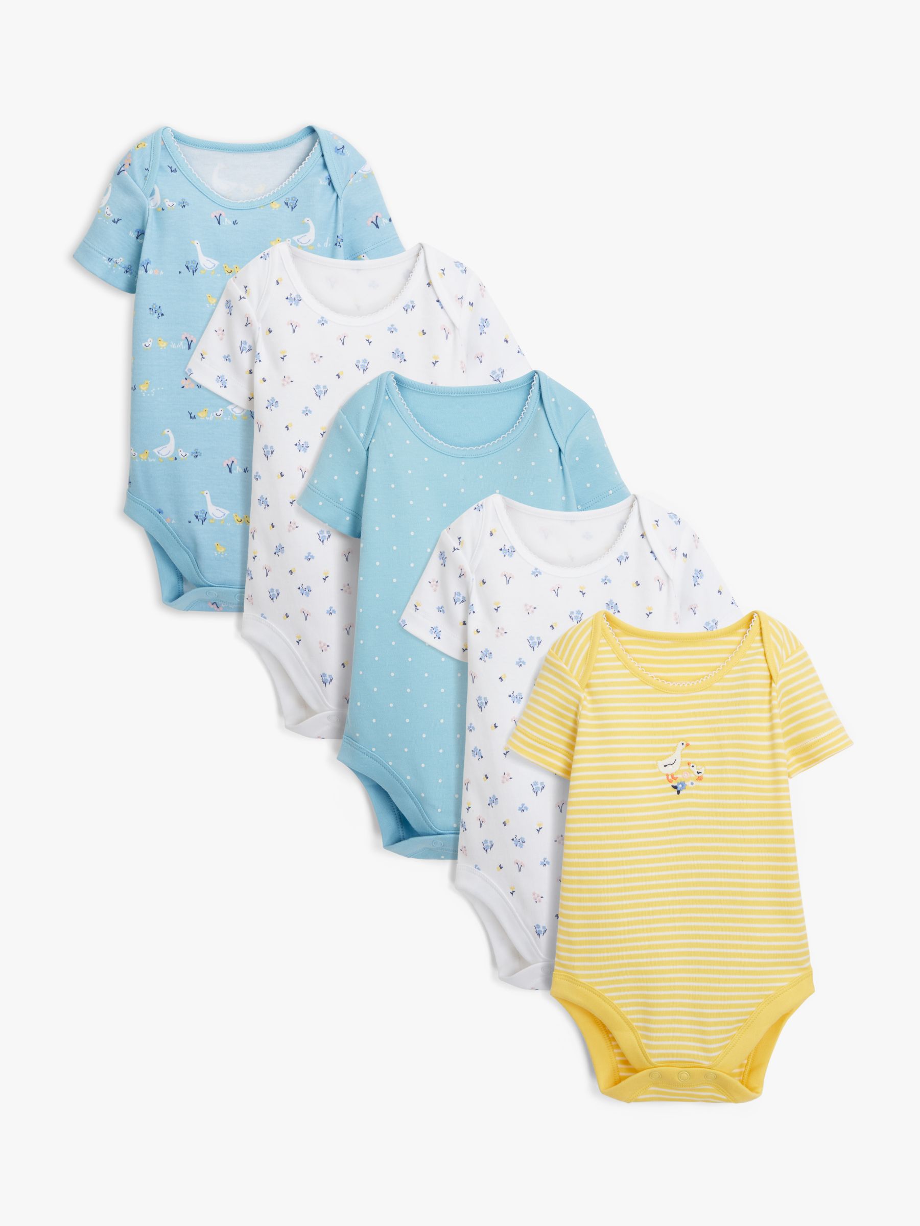 John Lewis & Partners Baby GOTS Organic Cotton Duck Bodysuits, Pack of 5, Green/Yellow