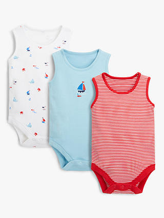 John Lewis & Partners Baby GOTS Organic Cotton Boat Bodysuits, Pack of 3, Blue/Red