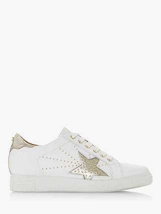 Dune Edris Lace Up Star Stude Leather Trainers, White/Gold