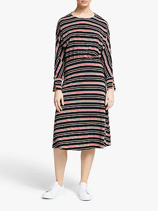 Numph Maximilia Long Sleeve Stripe Midi Dress, Caviar/Multi