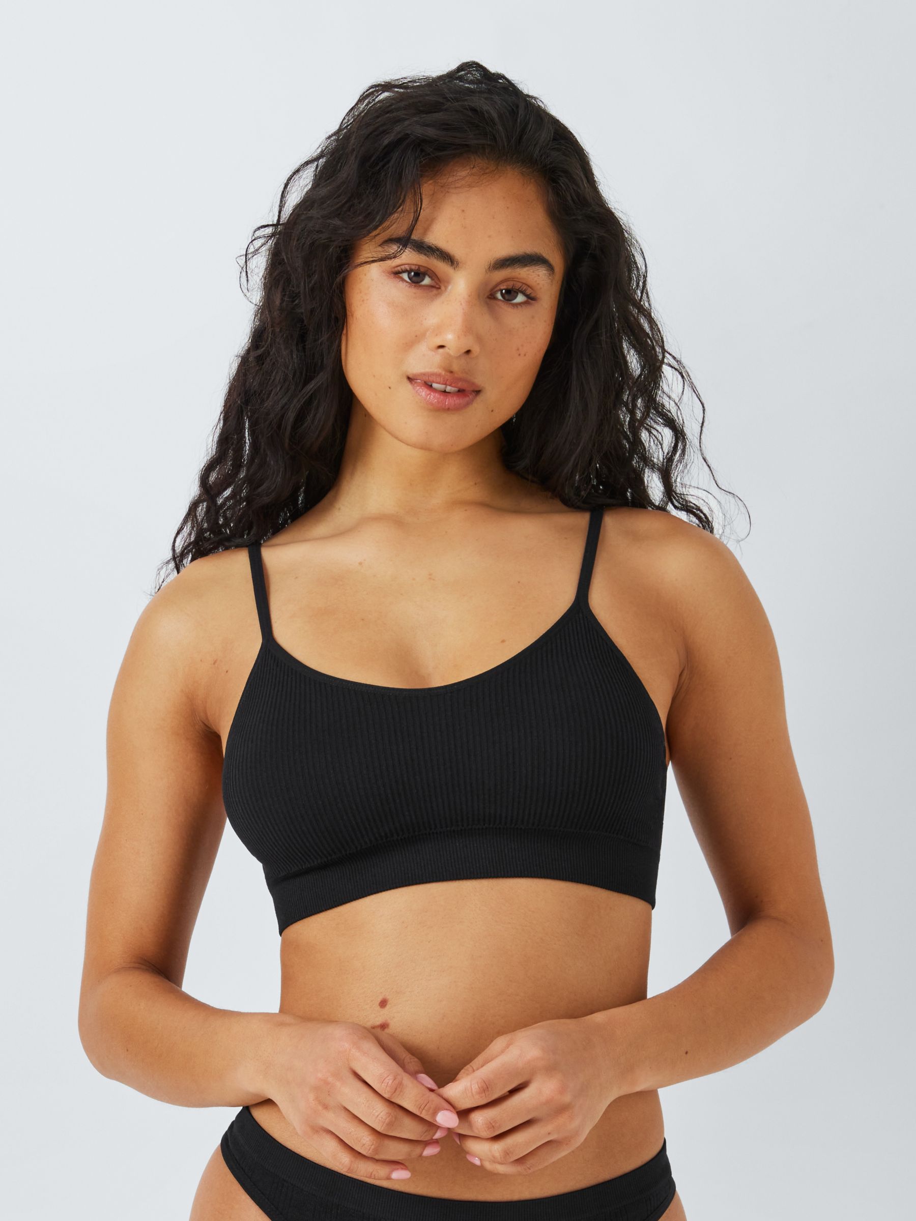 John Lewis ANYDAY Paige Non Wired Ribbed Crop Top Bra, Black, S