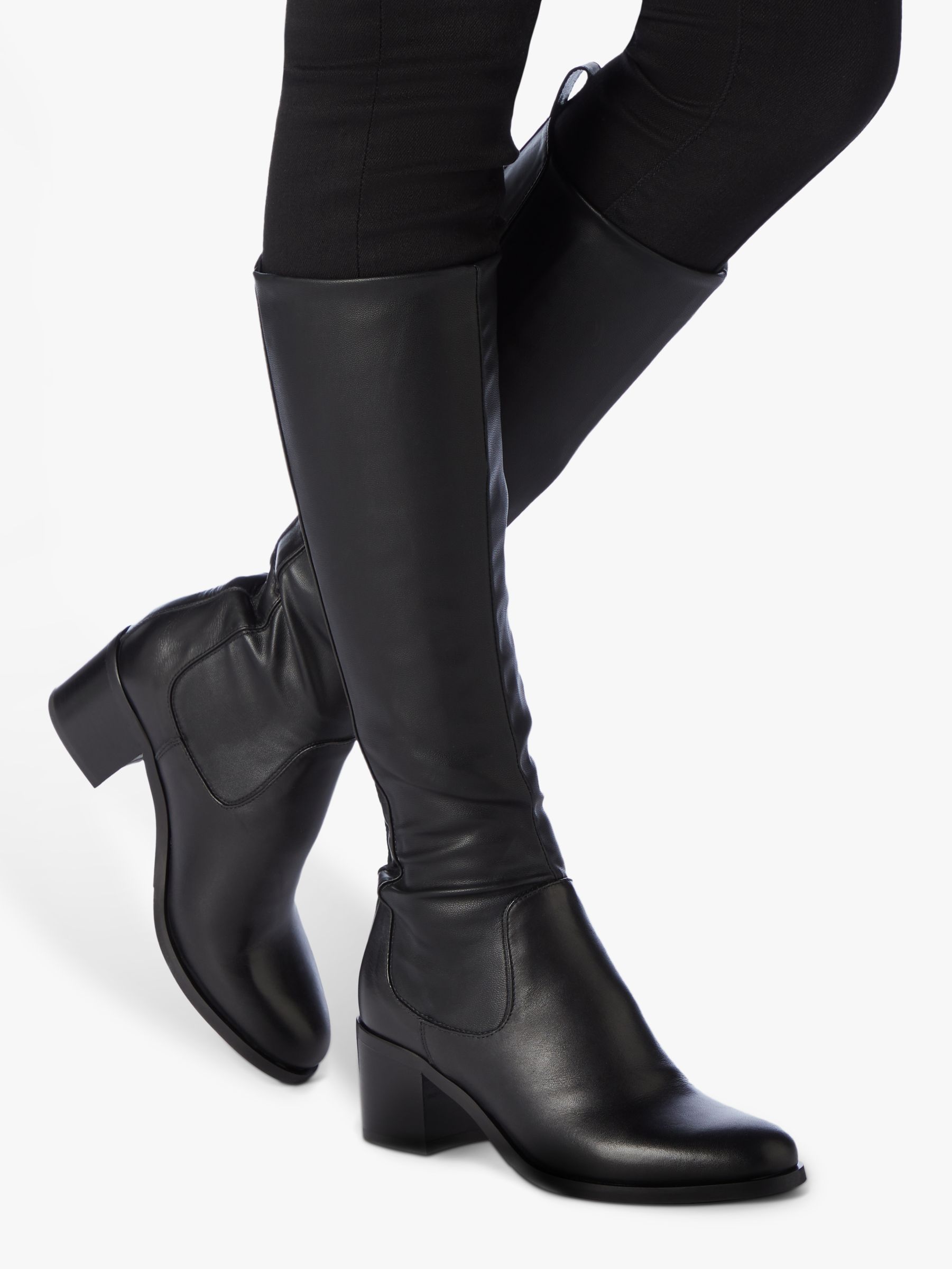 leather block heel knee high boots