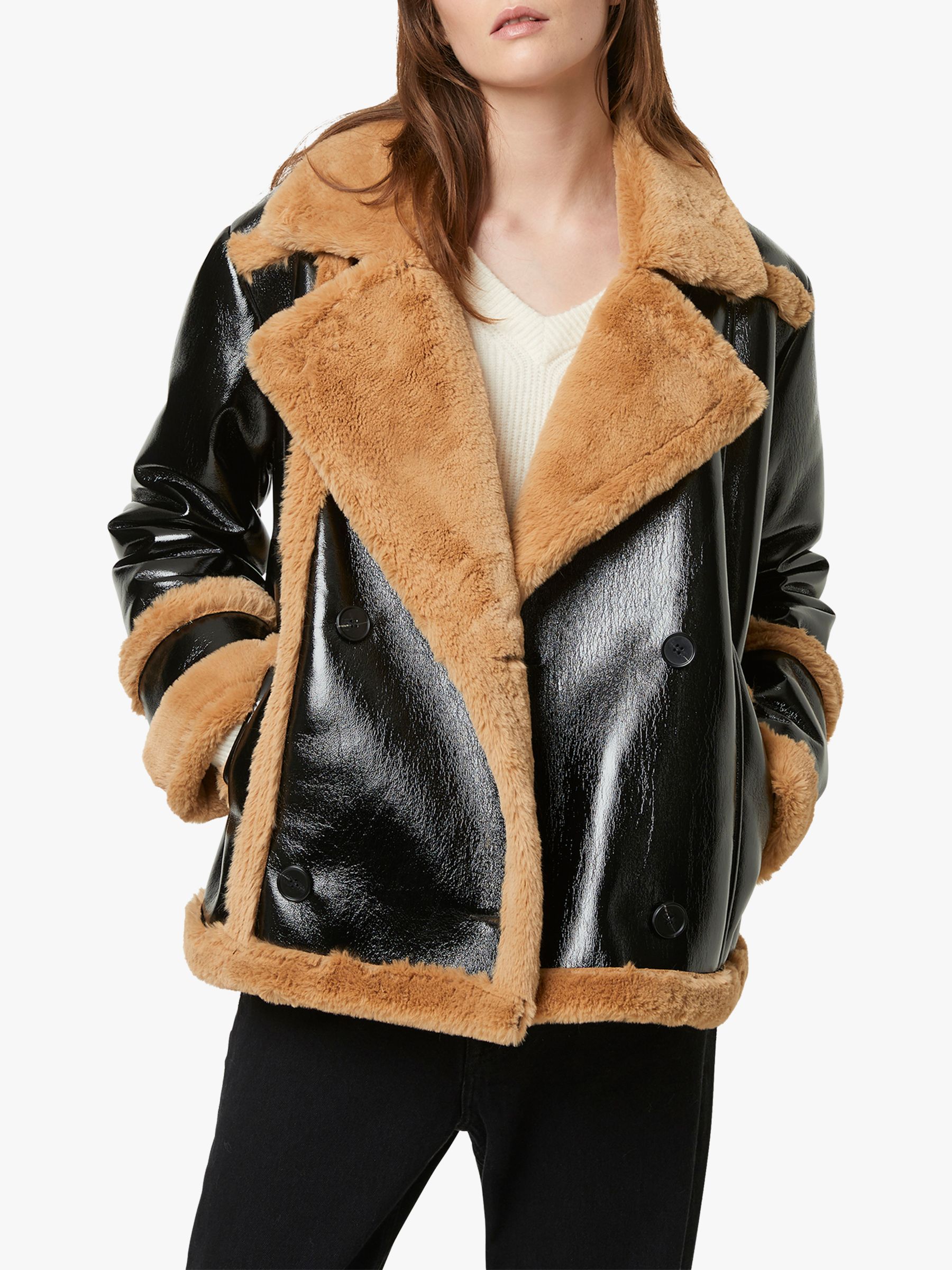 French Connection Filpa Faux Shearling Double Breasted Coat, Black