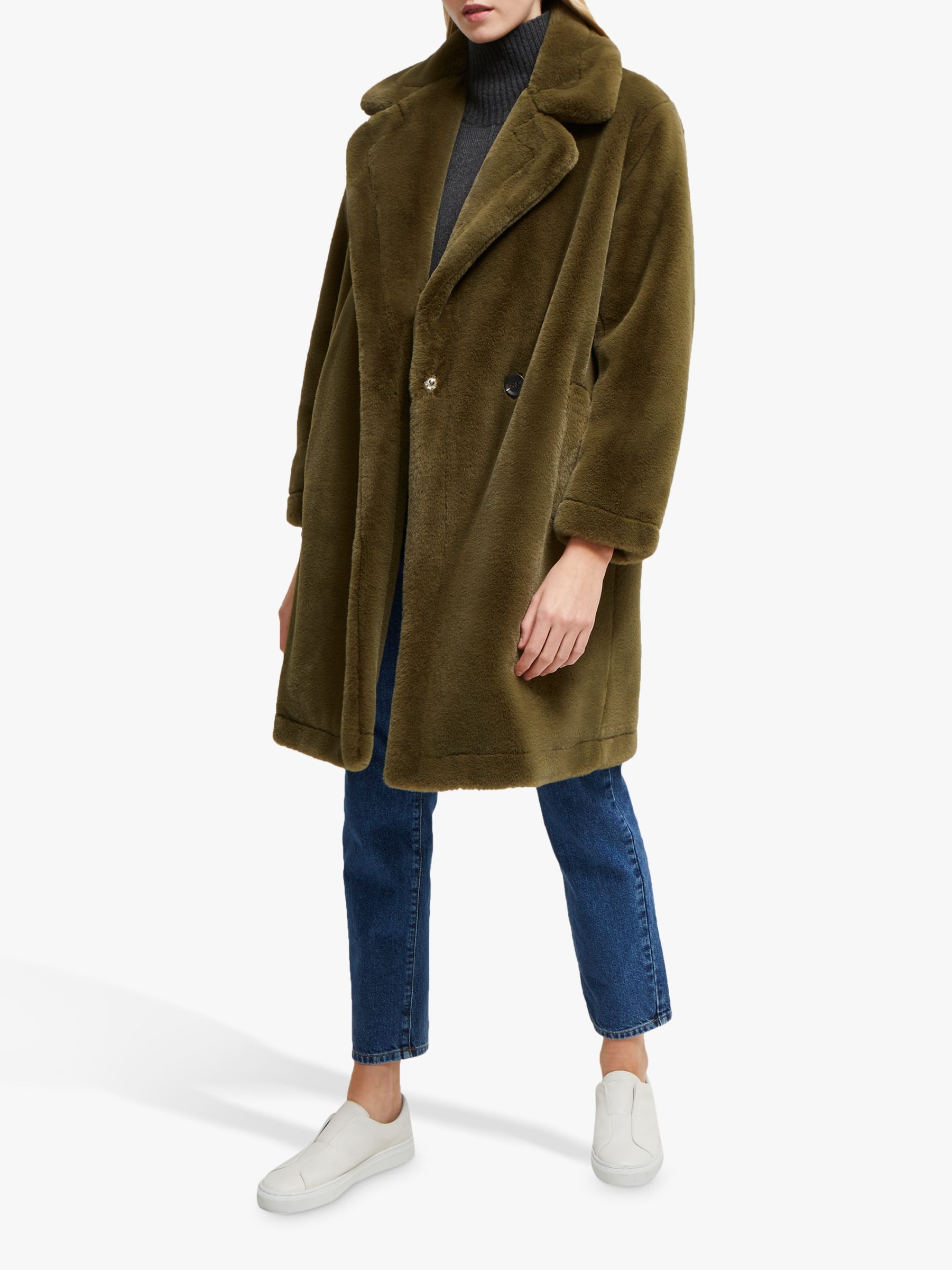 French Connection Buona Faux Fur Coat, Loden Green, XS