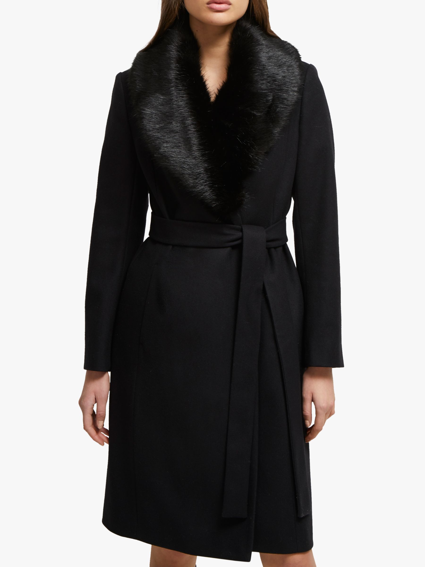 French Connection Carmelita Faux Fur Collar Long Coat, Black