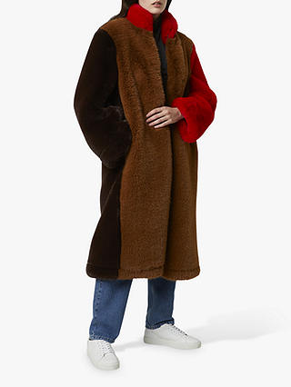 French Connection Claudie Faux Fur Colour Block Coat, Camel/Multi
