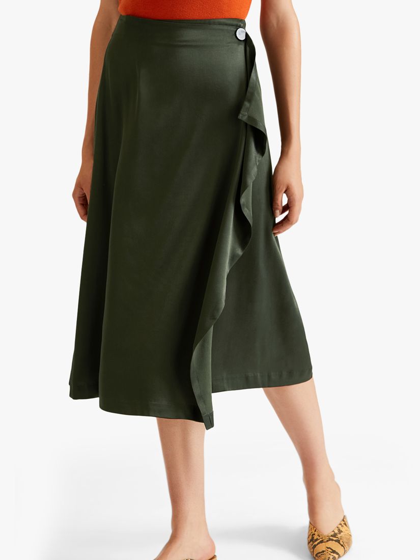 Jigsaw Satin Waterfall Midi Skirt, Khaki