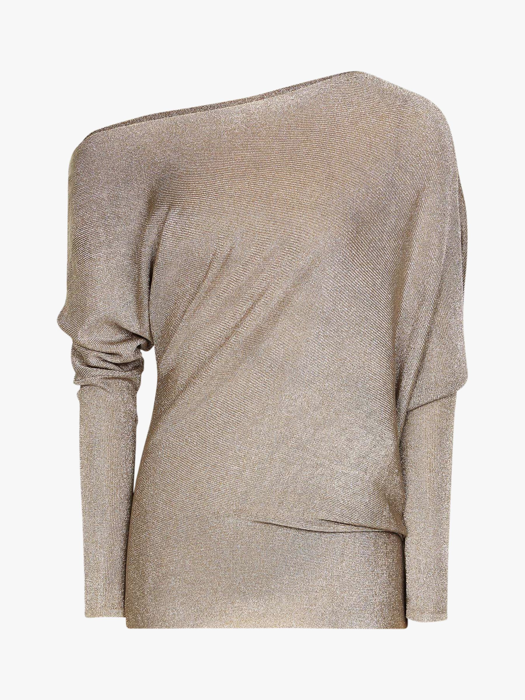 Reiss Isla Metallic Asymmetric Drape Top, Silver at John Lewis & Partners