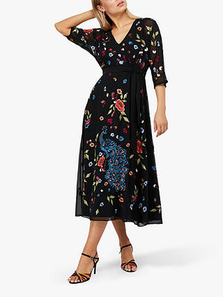 Monsoon Petunia Embroidered Midi Dress, Black