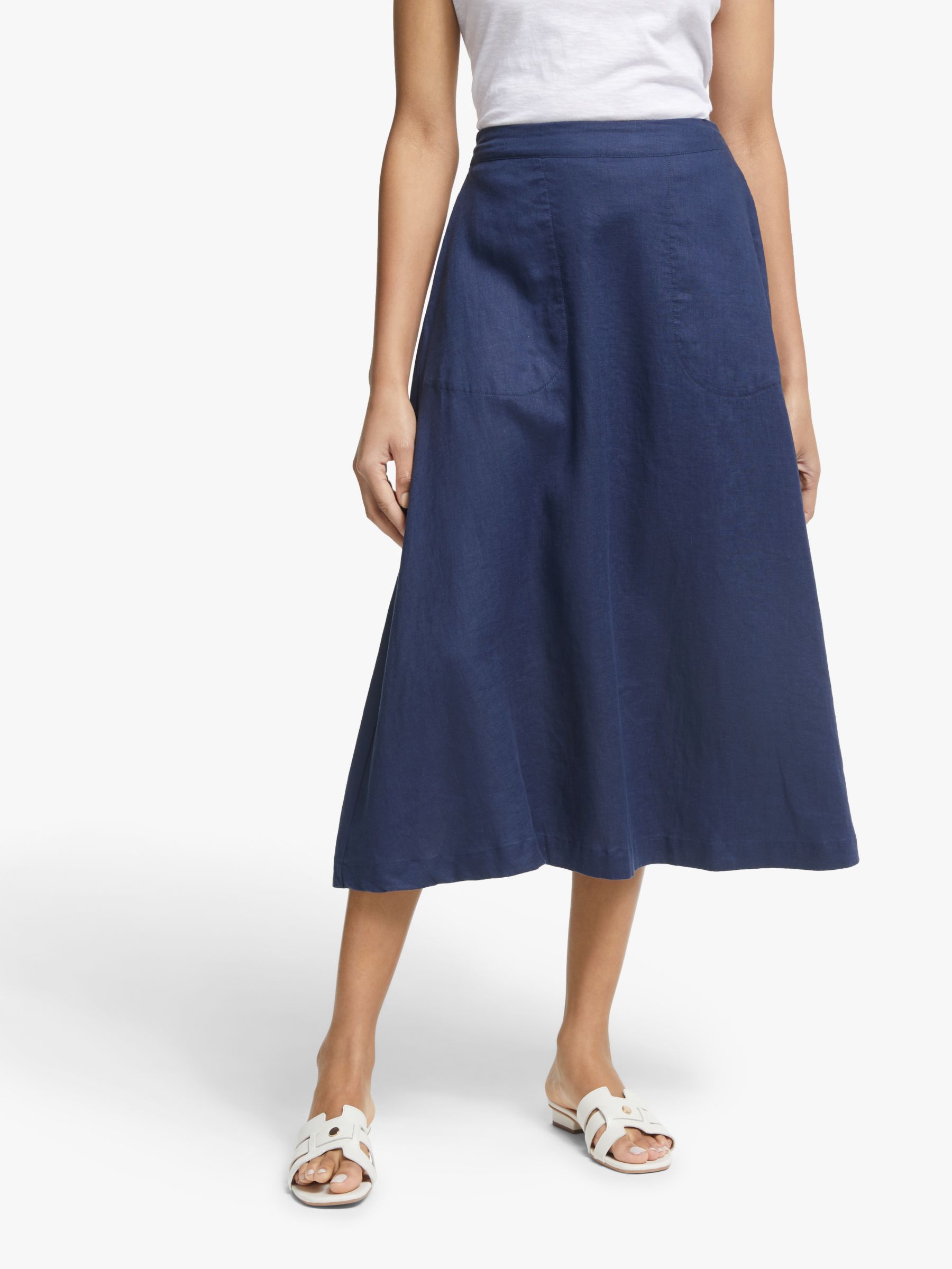 John Lewis & Partners Linen A-Line Midi Skirt, Navy, 18