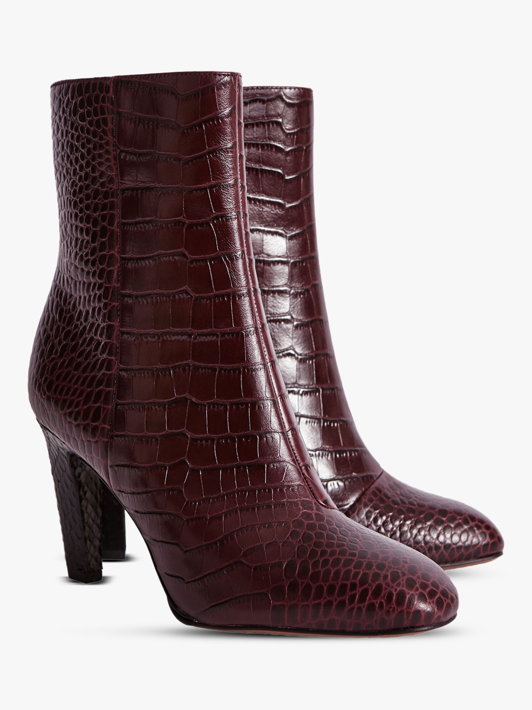 Reiss Sophia Leather Block Heel Ankle Boots, Deep Pomegranate Croc at ...
