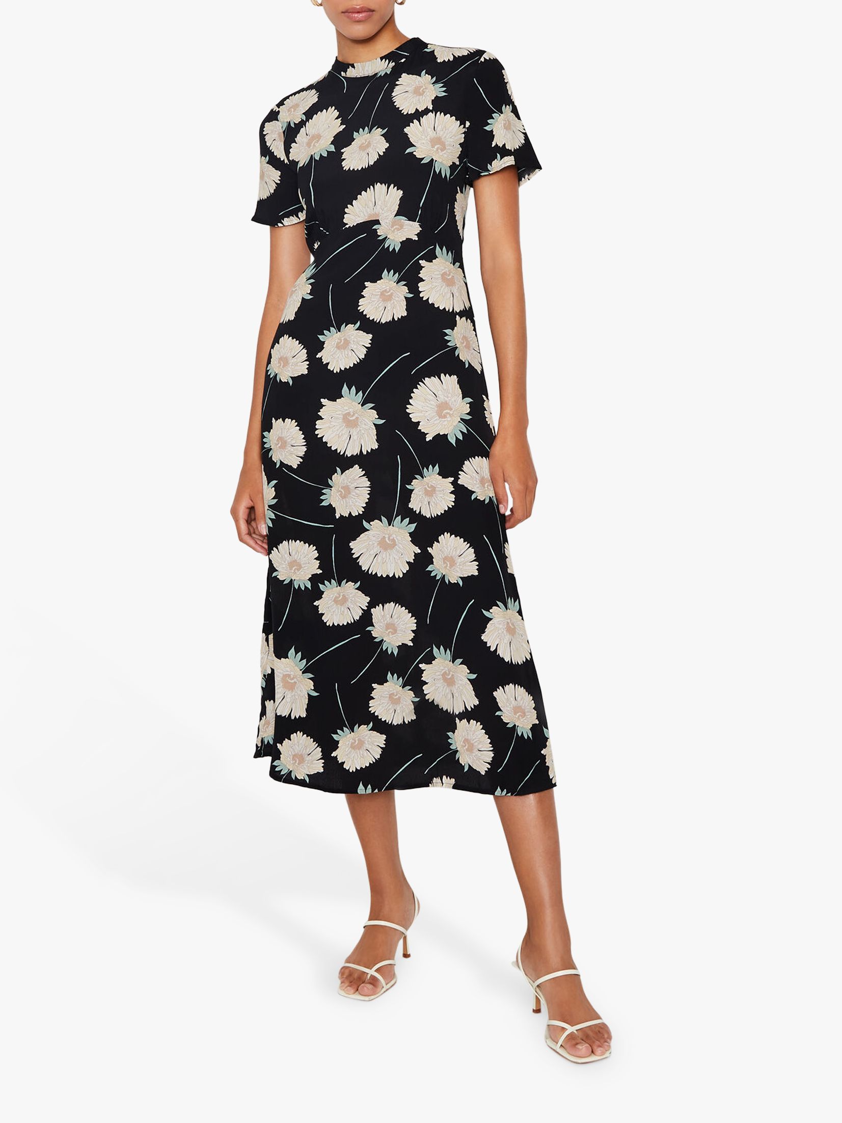 Warehouse Floral Midi Dress, Black Pattern, 6