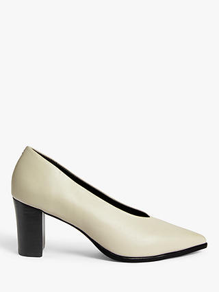 Kin Arali Leather High Vamp Block Heel Court Shoes, White