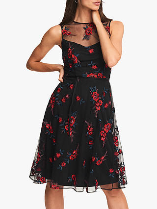 Phase Eight Maylin Fit and Flare Dress, Black/Scarlet