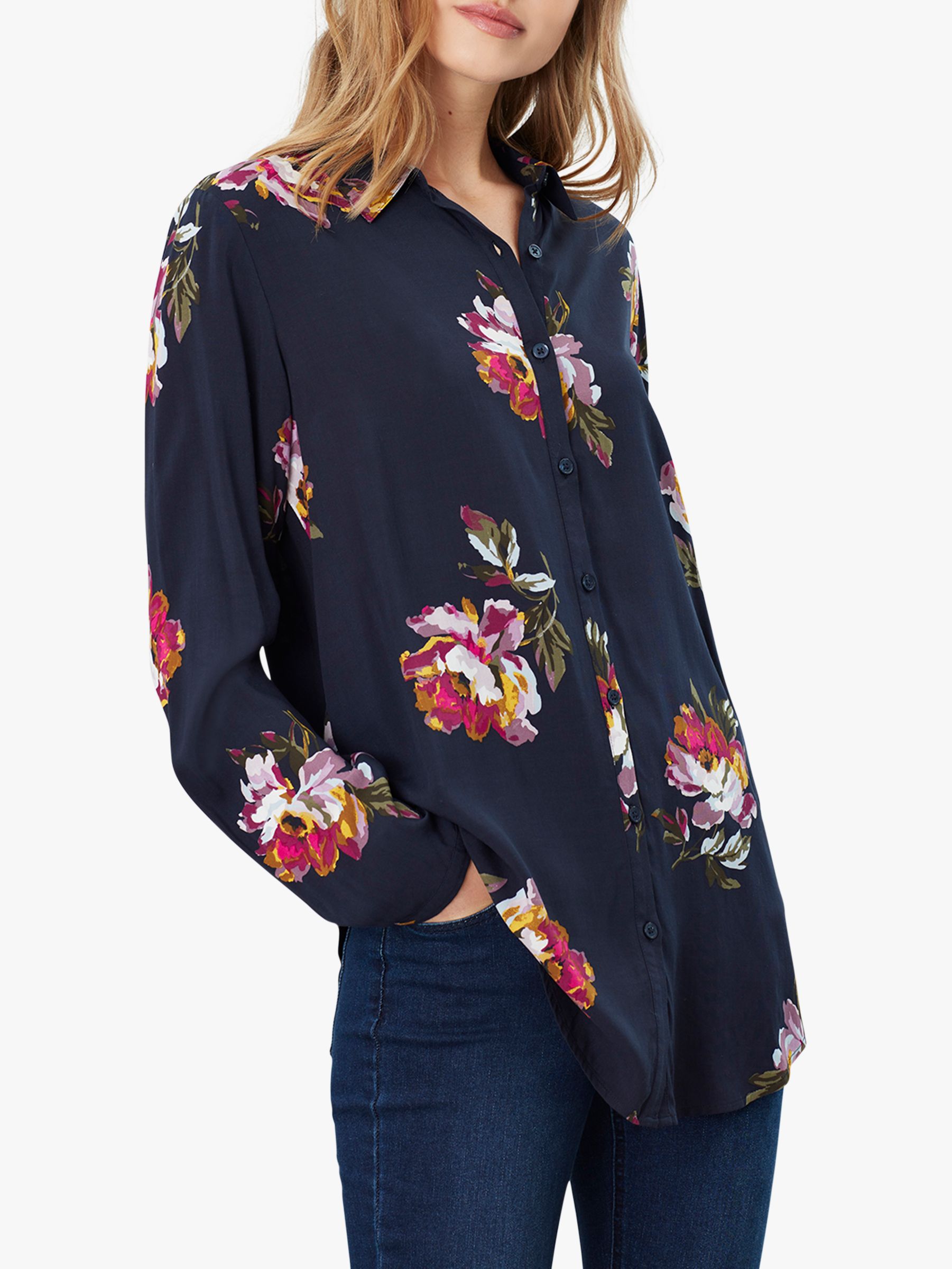 Joules Elvina Button Front Cotton Top, Navy Peony at John Lewis & Partners