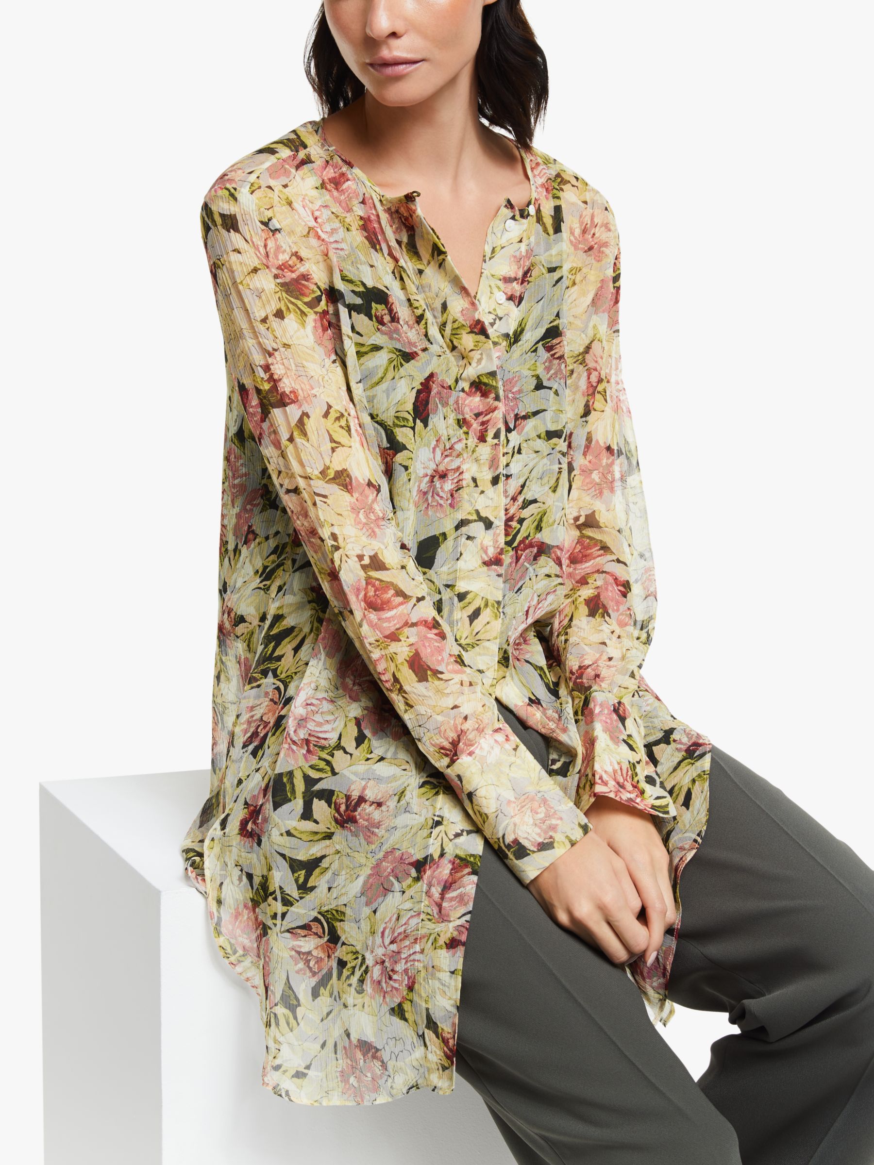 John Lewis Archive Floral Print Tie Front Tunic Top, Pink/Multi