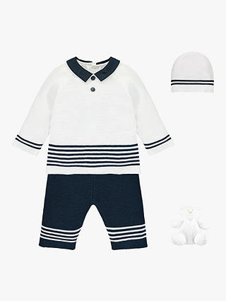 Emile et Rose Silas Knit Jumper, Trousers, Hat and Teddy Bear Set, Navy/White