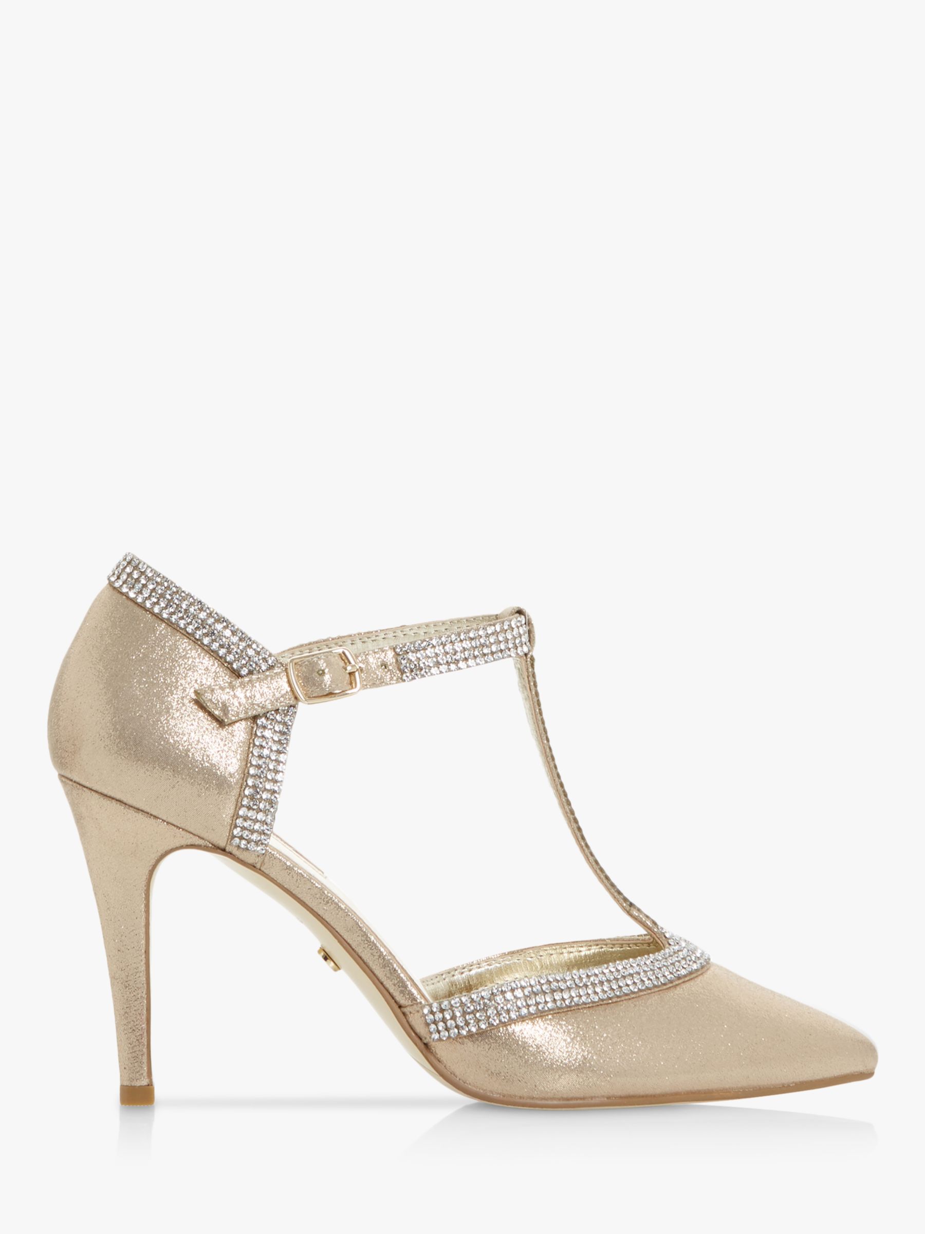 Dune Dilla T-Bar Diamante Pointed Heeled Court Shoes, Gold