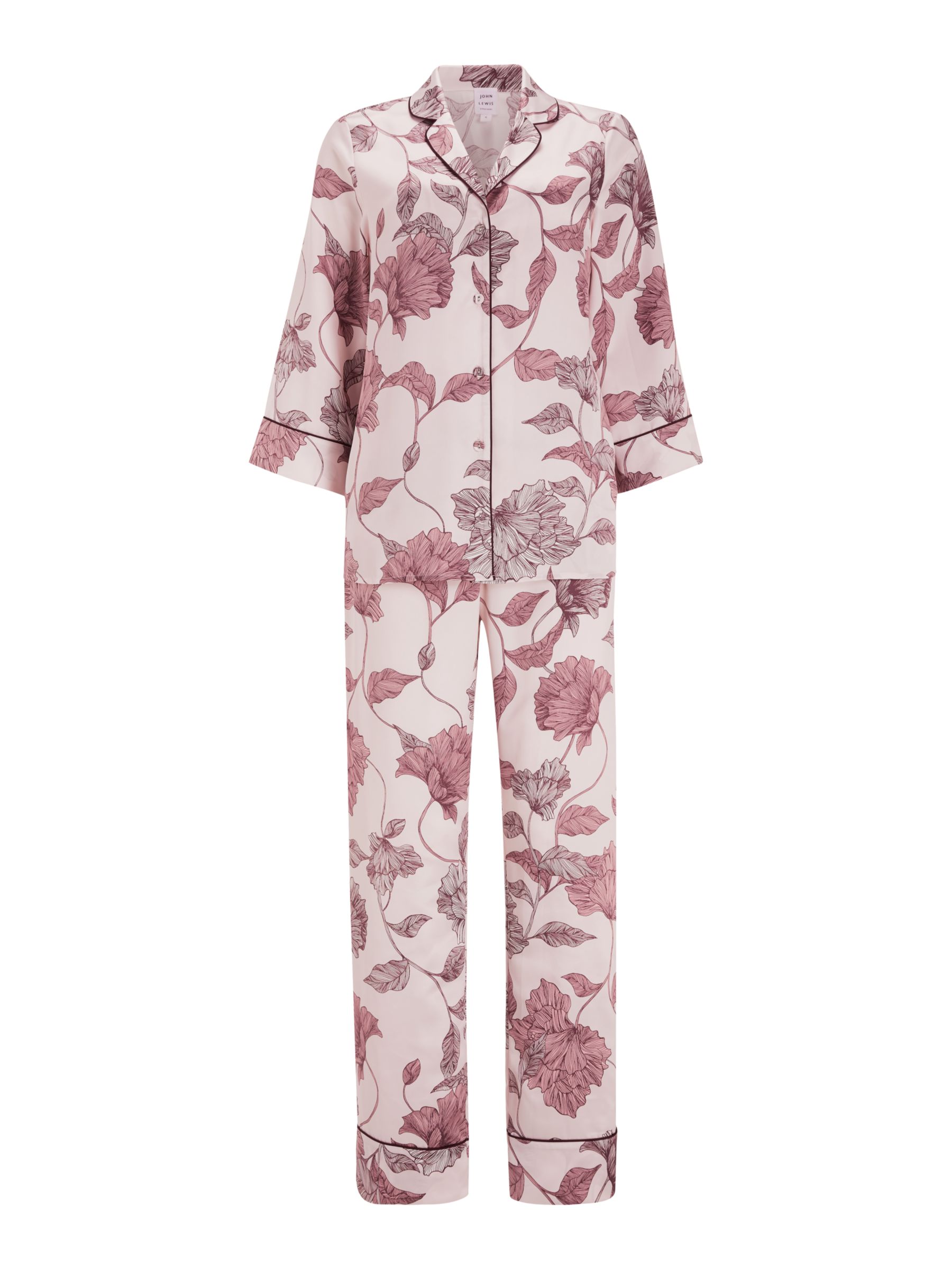 John Lewis & Partners Britta Floral Satin Pyjama Set, Pale Pink