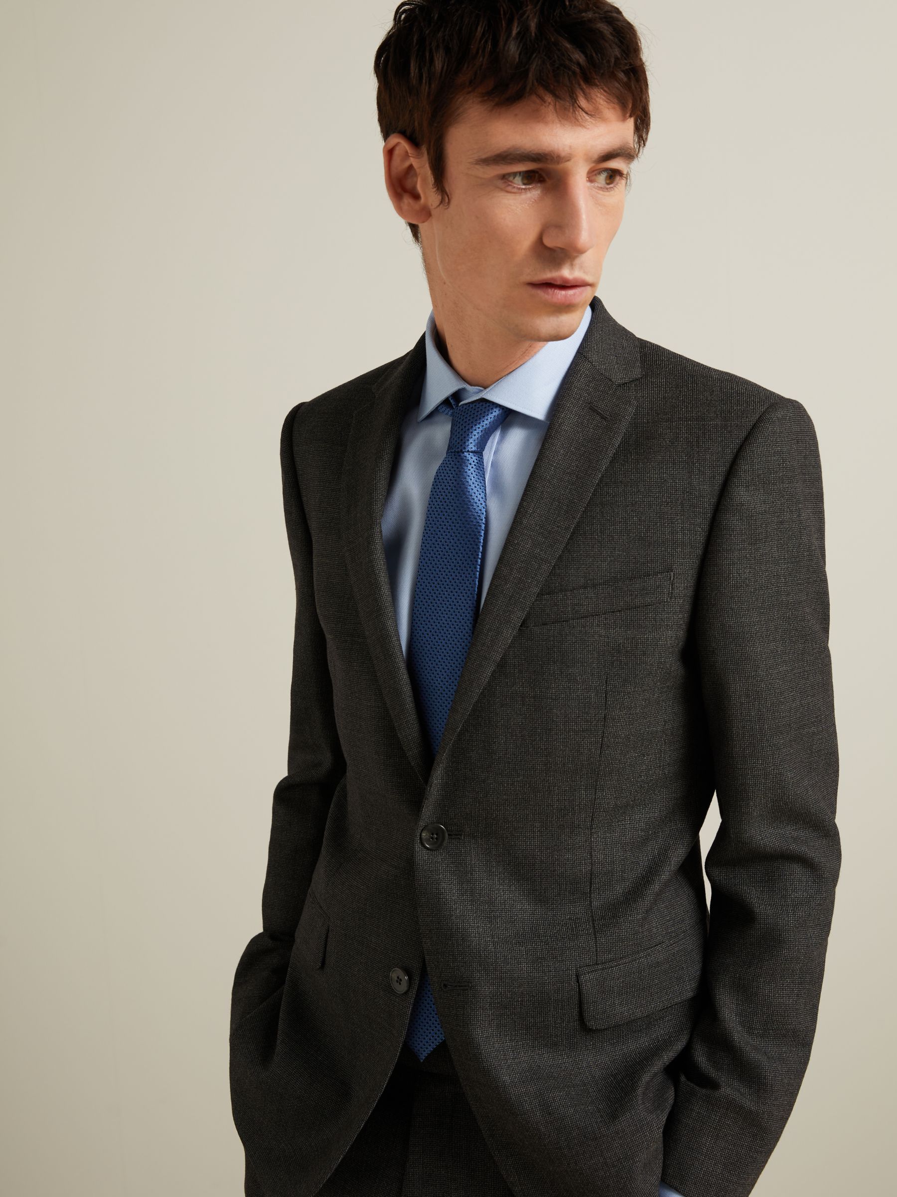 John Lewis Birdseye Semi Plain Wool Slim Fit Suit Jacket, Charcoal