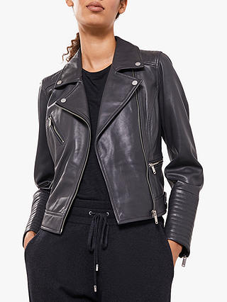 Mint Velvet Leather Zip Biker Jacket, Dark Grey