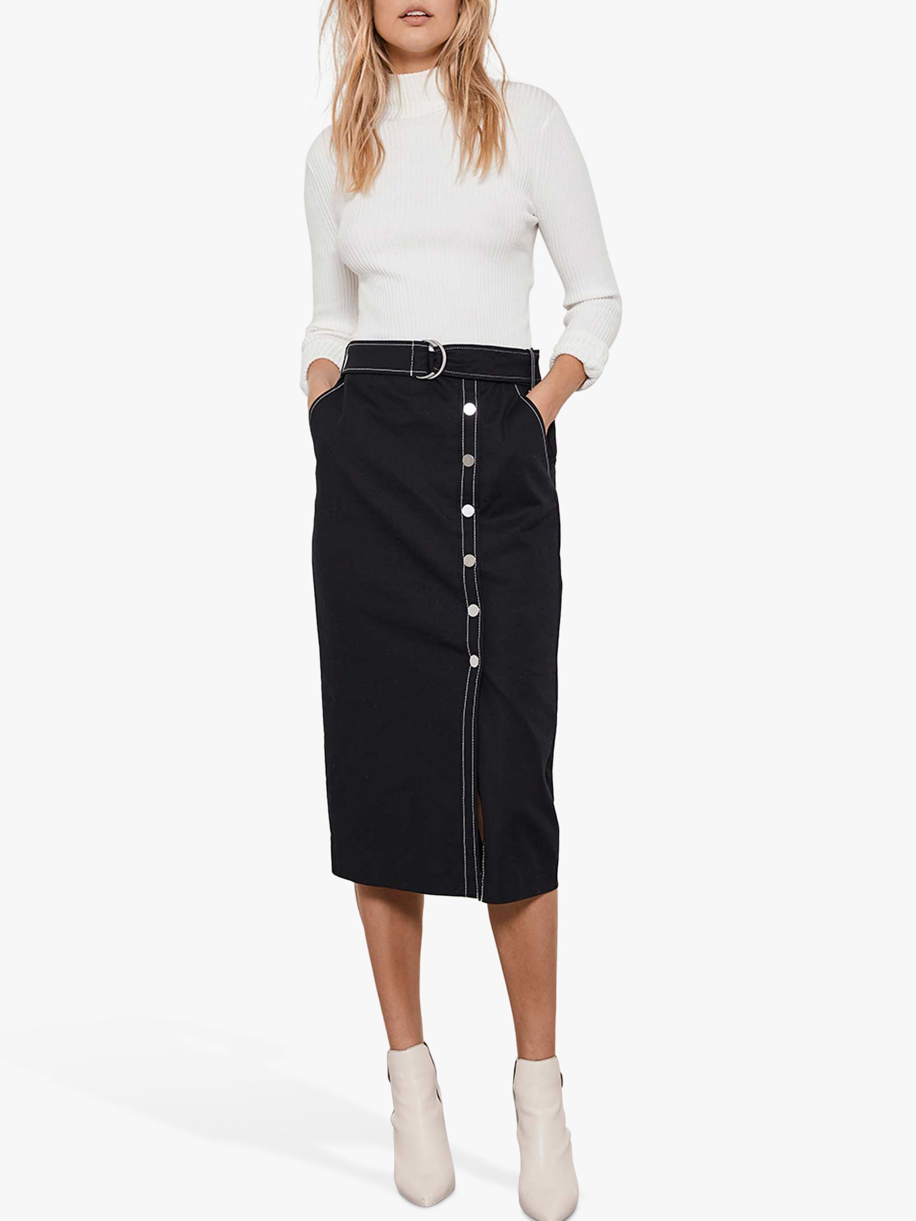 Mint Velvet Button Detail Belted Pencil Skirt, Black
