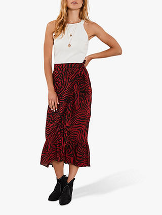 Mint Velvet Naomi Zebra Print Midi Skirt, Red/Multi