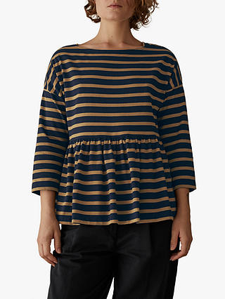 Toast Stripe Cotton Gathered Top, Navy/Dull Gold