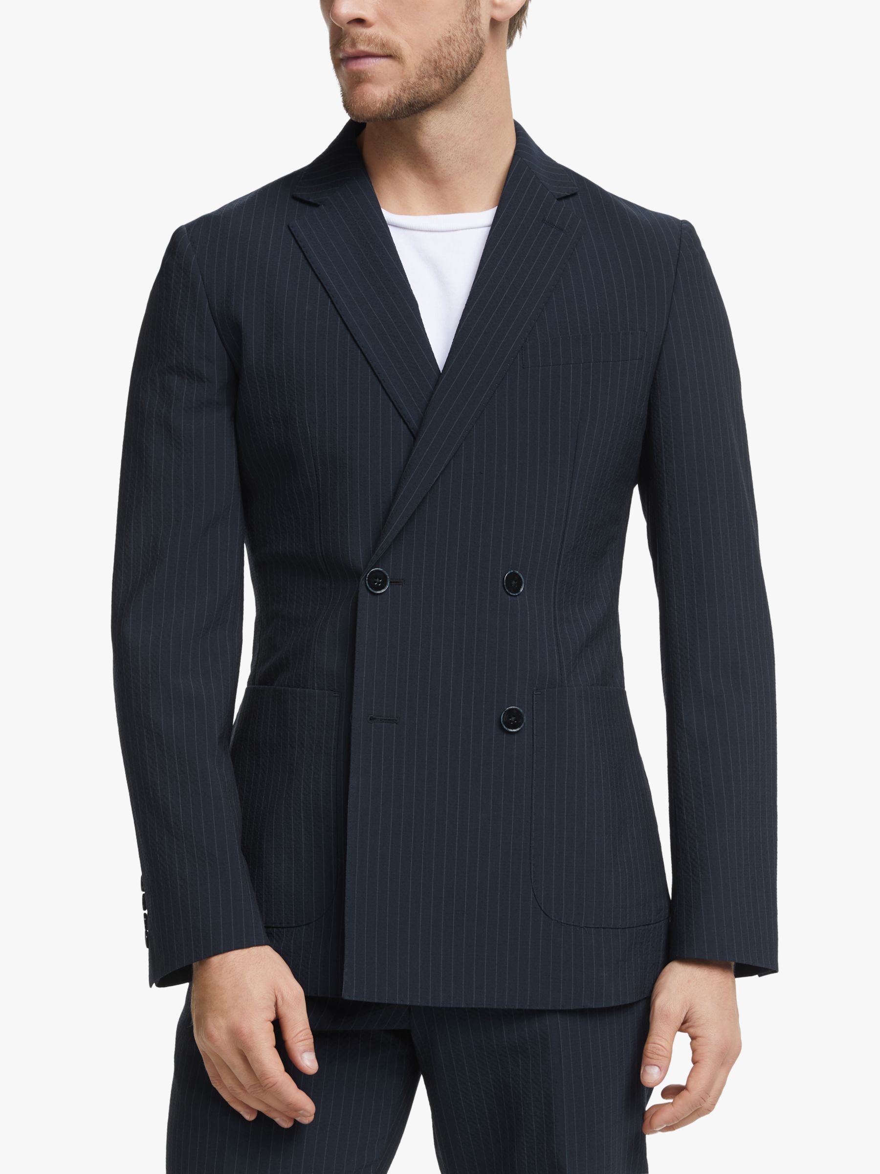 John Lewis & Partners Seersucker Stripe Double Breasted Suit Jacket, Navy
