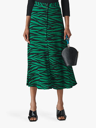Whistles Tiger Print Button Midi Skirt, Green/Multi