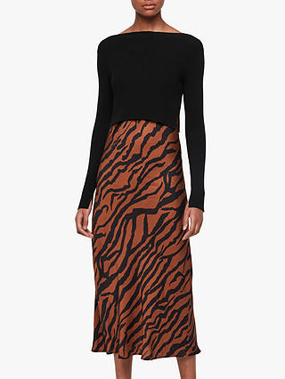 AllSaints Hera Zephyr Tiger Print Jumper Dress, Toffee/Black