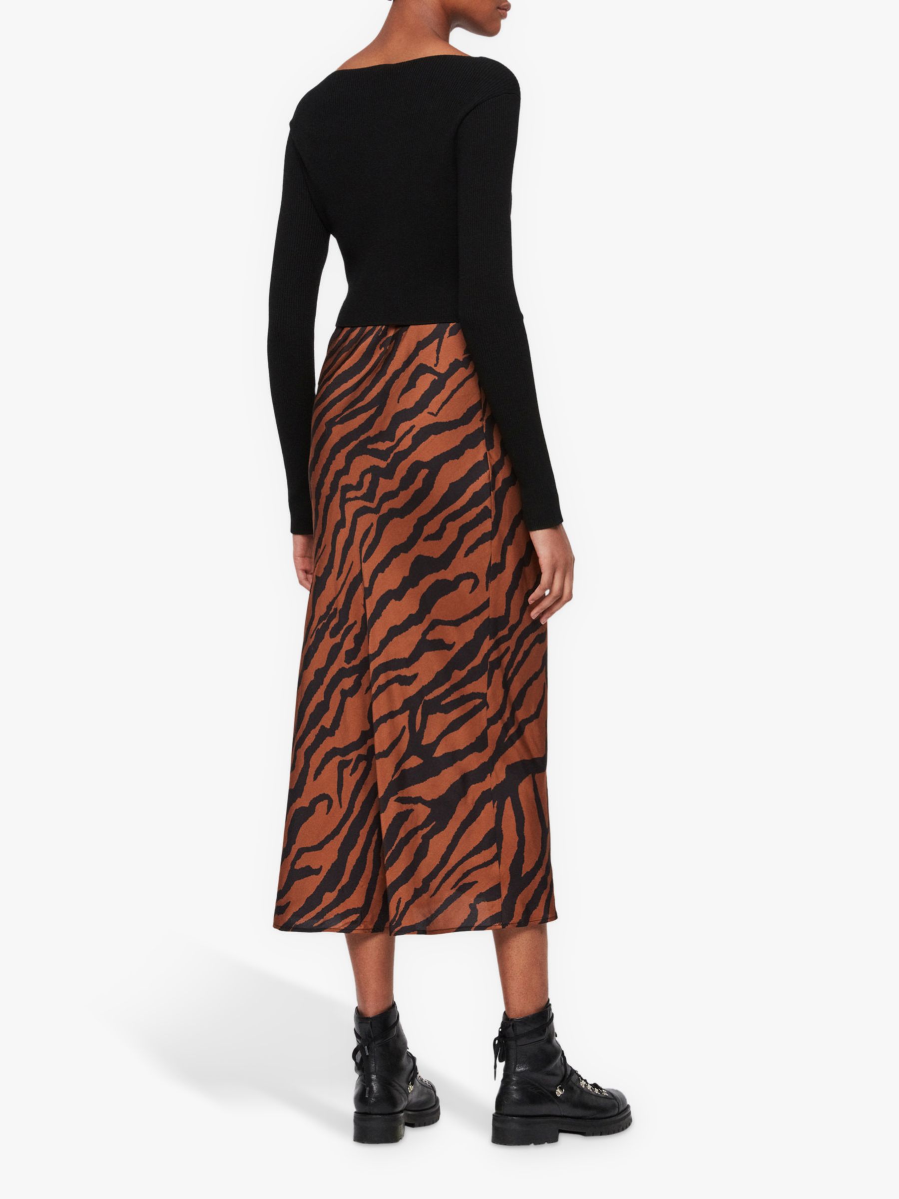 AllSaints Hera Zephyr Tiger Print Jumper Dress, Toffee/Black