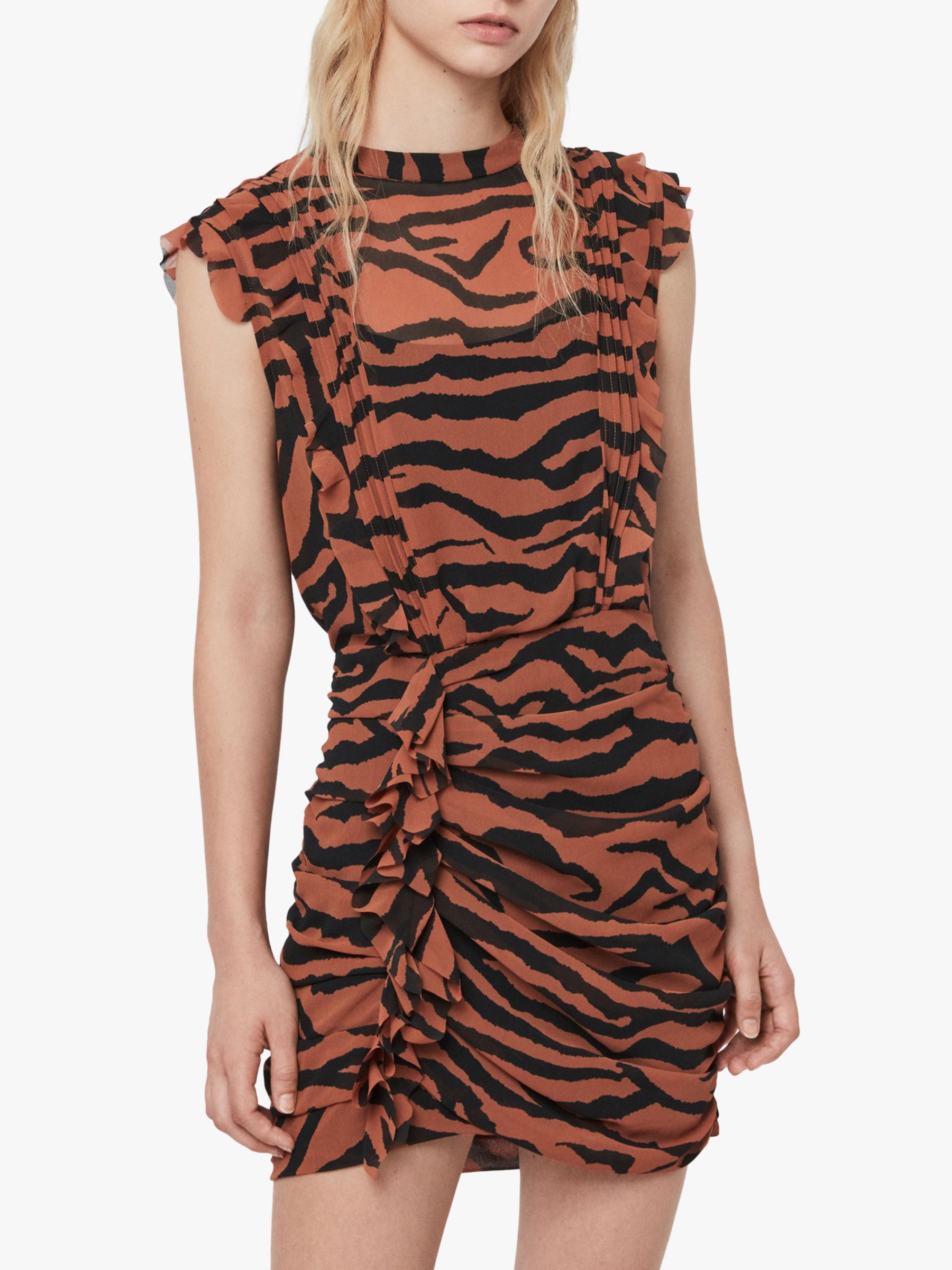 AllSaints Hali Zephyr Zebra Print Ruched Mini Dress, Toffee/Black