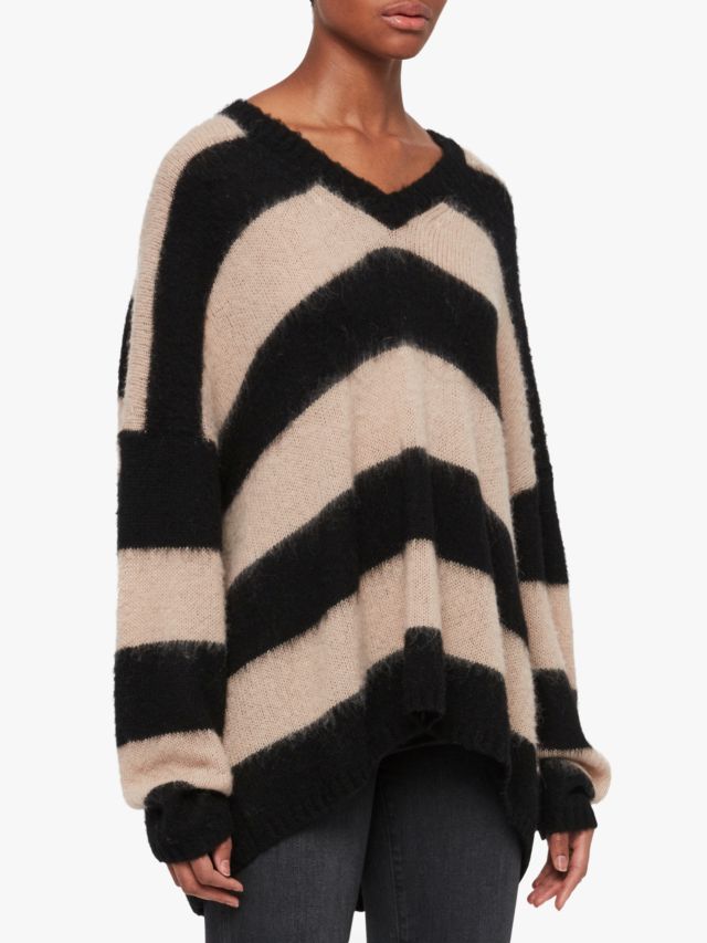 AllSaints Lou Stripe Wool Blend V-Neck Jumper, Putty Pink/Black, XS