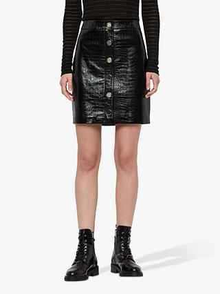 AllSaints Bela Leather Croc Embossed Skirt, Black