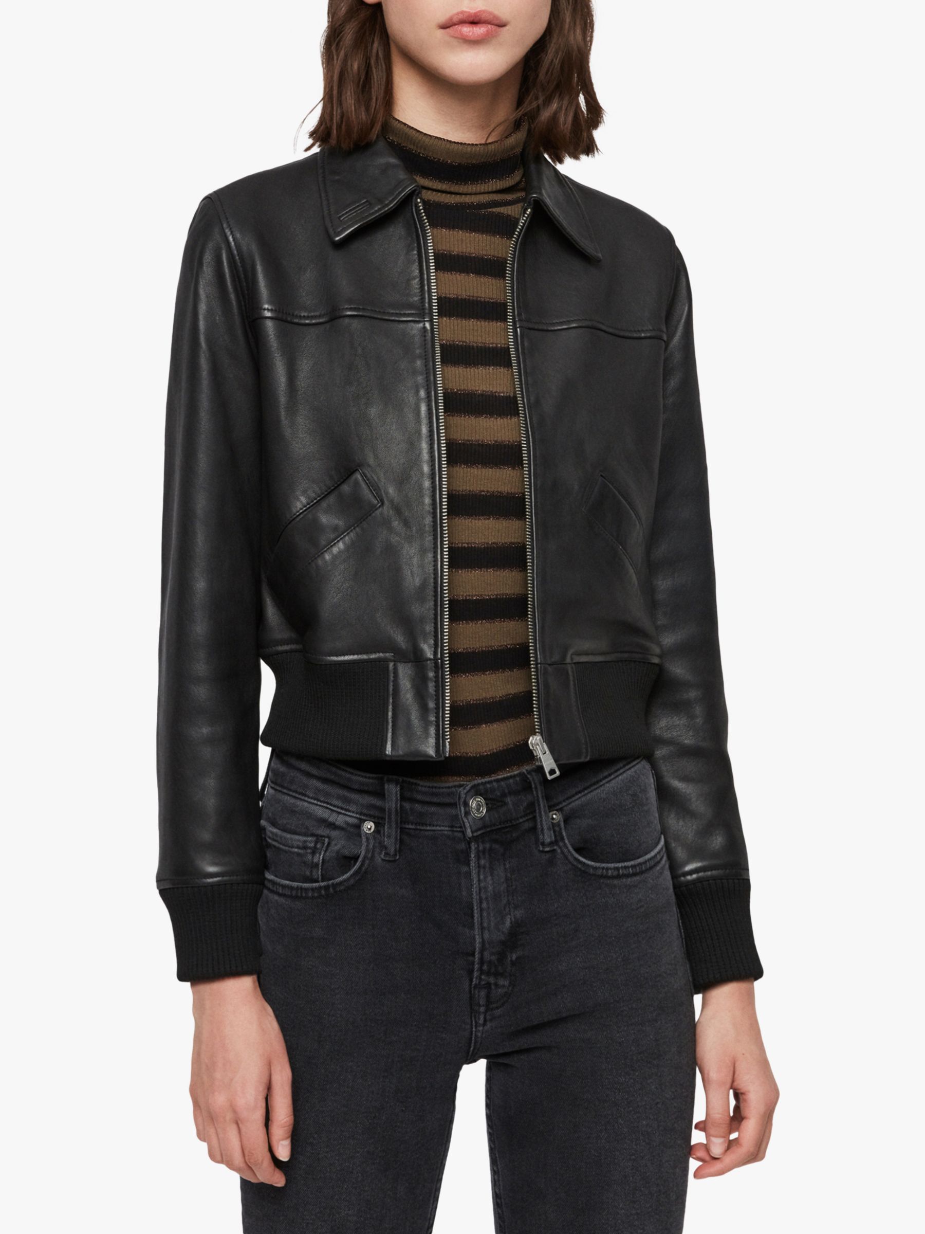 AllSaints Pascao Leather Cropped Bomber, Black