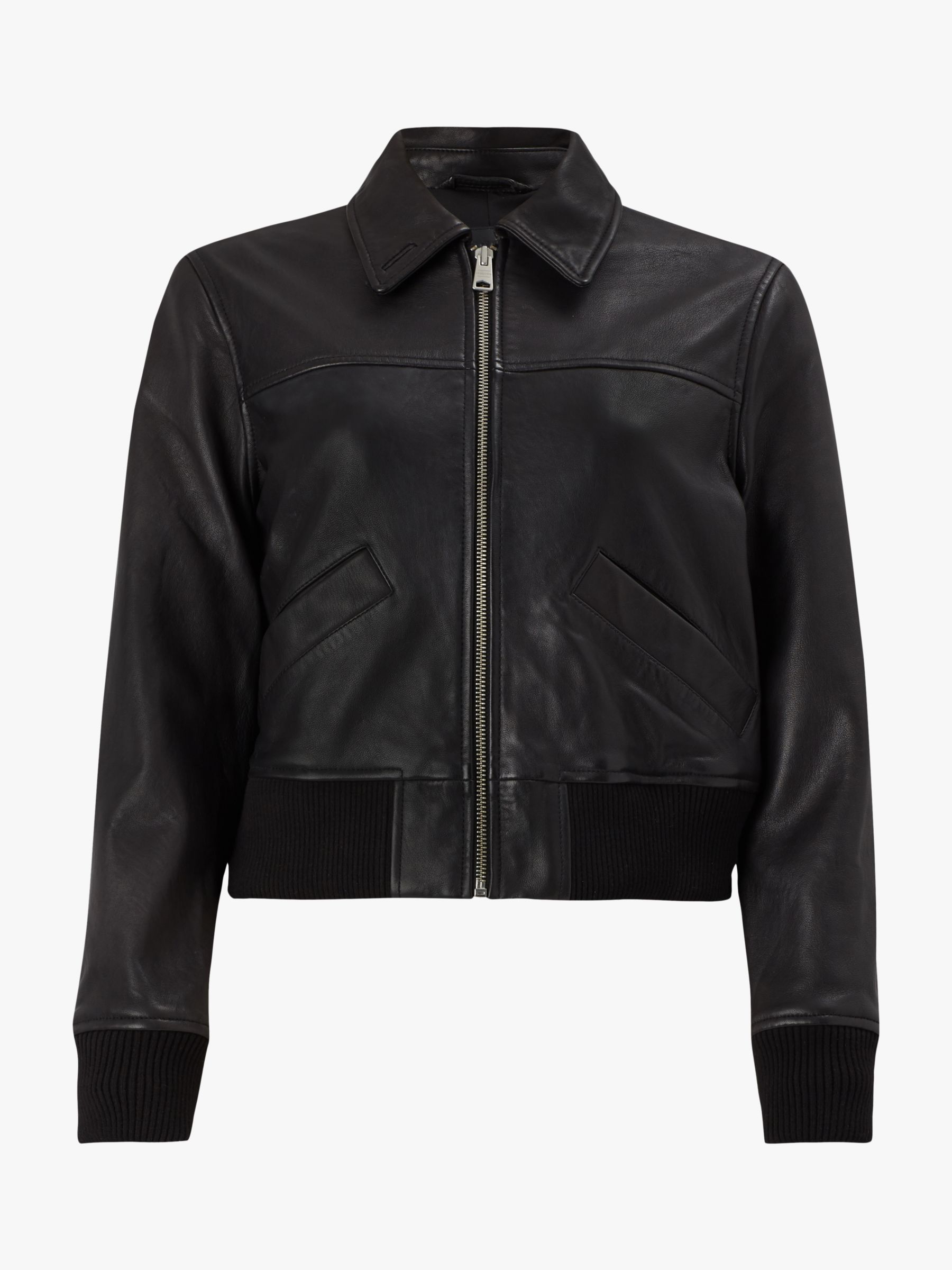 AllSaints Pascao Leather Cropped Bomber, Black