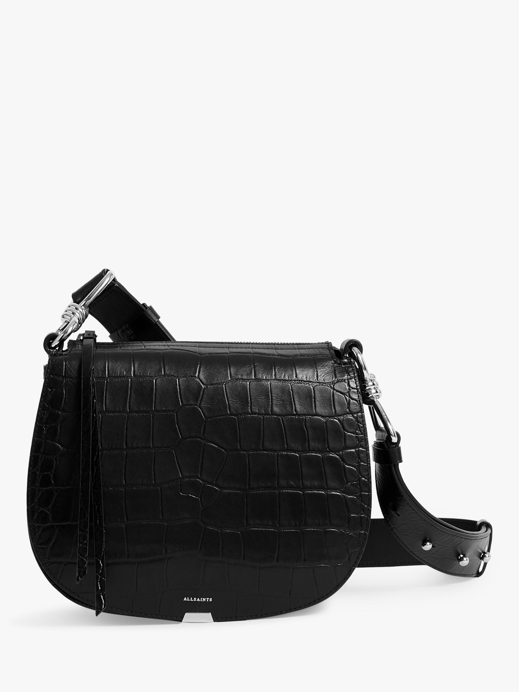 AllSaints Polly Leather Croc Embossed Crossbody Bag, Black at John Lewis & Partners