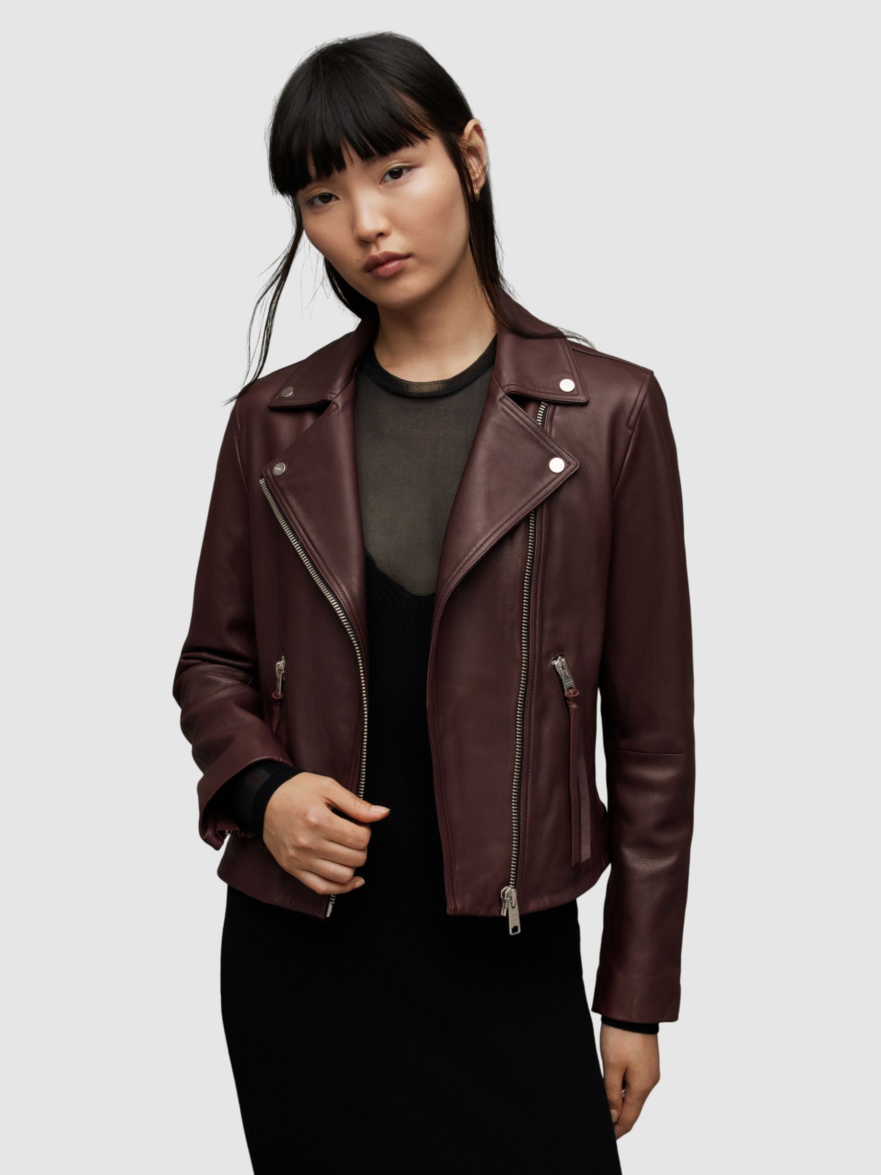 AllSaints Dalby Leather Biker Jacket, Raspberry Pink at John Lewis ...