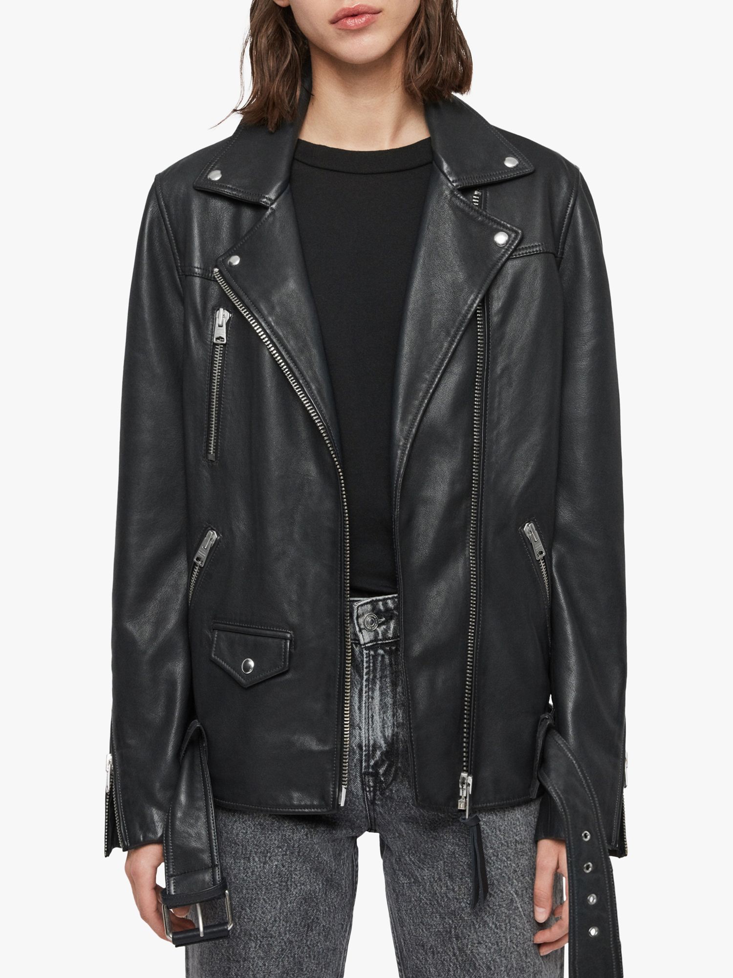AllSaints Eline Oversized Leather Biker Jacket, Black, S