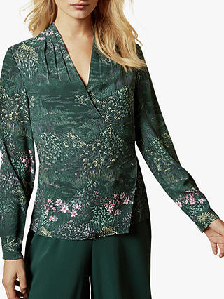 Ted Baker Thessie Diamond Pintuck Floral Wrap Blouse, Dark Green