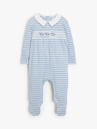 John Lewis & Partners Baby GOTS Organic Cotton Smock Sleepsuit, Blue