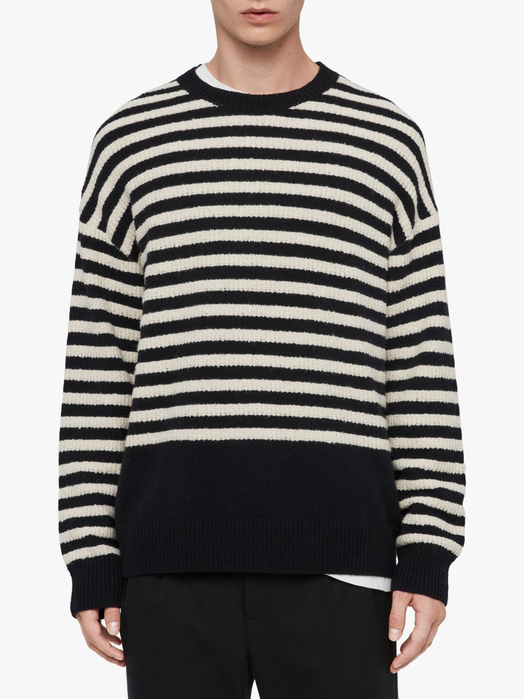 AllSaints Keet Striped Crew Neck Jumper, Ink Navy/Ecru at John Lewis ...