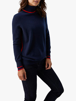 Pure Collection Cashmere Stripe Polo Neck Jumper, Navy/Red